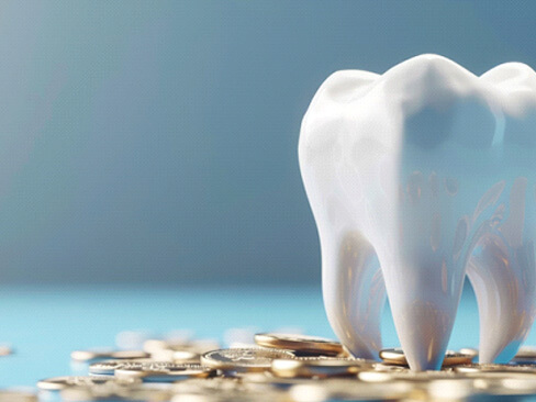3D rendering of model tooh on top of a pile of coins with a light blue background