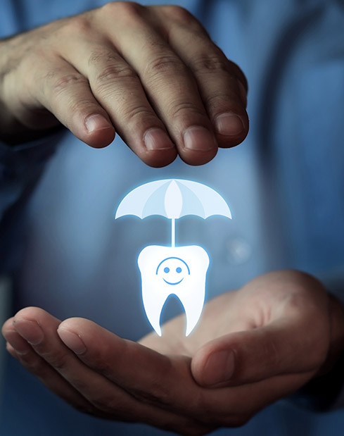 Hand holding an animated tooth under an umbrella